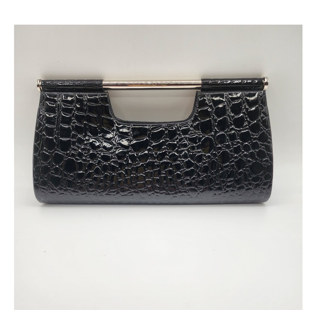 La Regale Black Faux Croc Embossed Patent Leather Metal Bar Handle Clutch OS